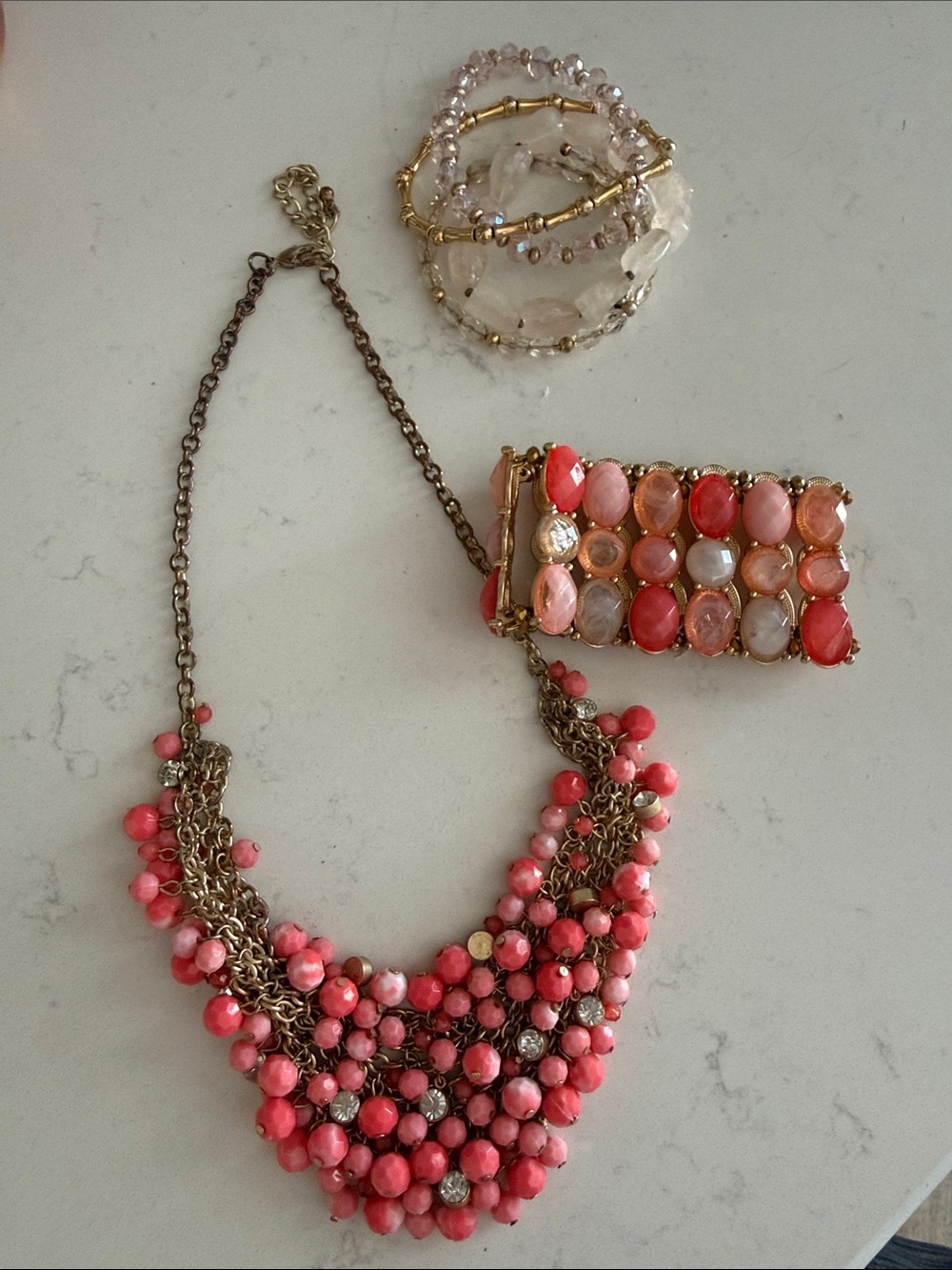 Gold-Tone Coral Beaded Bib Necklace & Bracelets - Women Jewelry